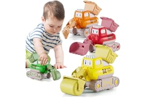TOOYLAA Construction Vehicle Toys Cars for 3 4 5 6 7 Year Old Toddlers, 4 Pack Press and Go Trucks Set Bulldozer, Excavator, Road Roller, Pile Drive for Kids, Birthday Toys for Boys Girls