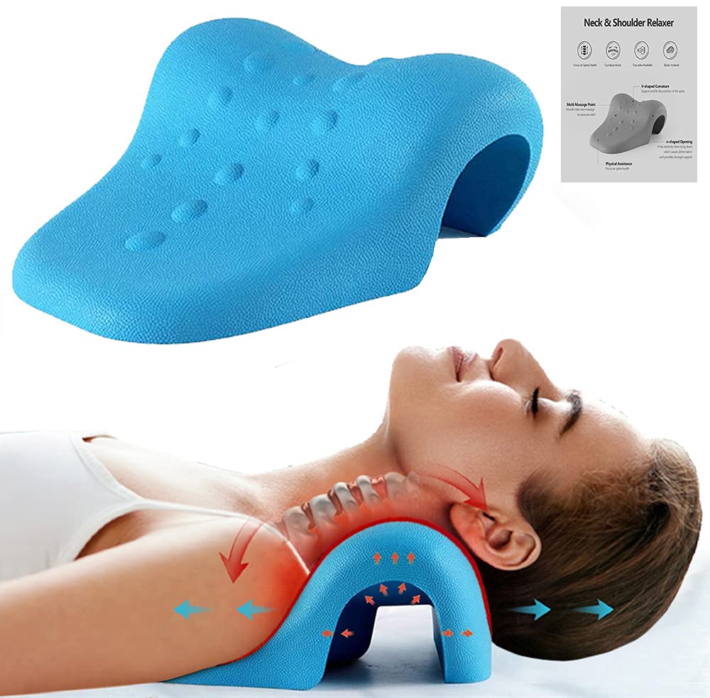 Feierly Neck and Shoulder Relaxer,Neck Stretcher for Pain Relief, Cervical Traction Device for TMJ Pain Relief and Cervical Spine Alignment, Chiropractic Pillowwith Massage Point(Blue)
