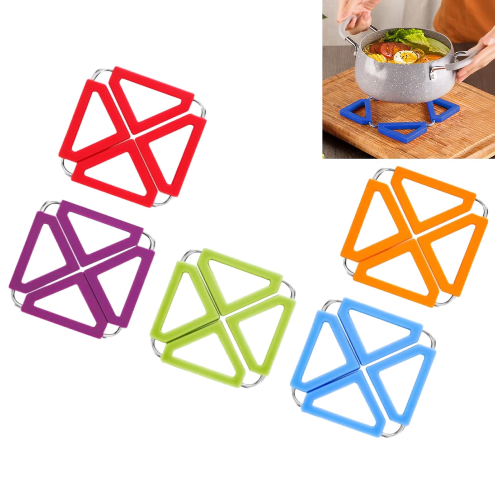 Photo 1 of [2026 Upgrade] 5pcs Odorless Silicone Kitchen Trivet Mats (Rainbow Colors) – Non-Slip Hot Pot Holder with a Stainless Steel Frame, Foldable Square Design for Bowls, Coasters and Dish Protectors