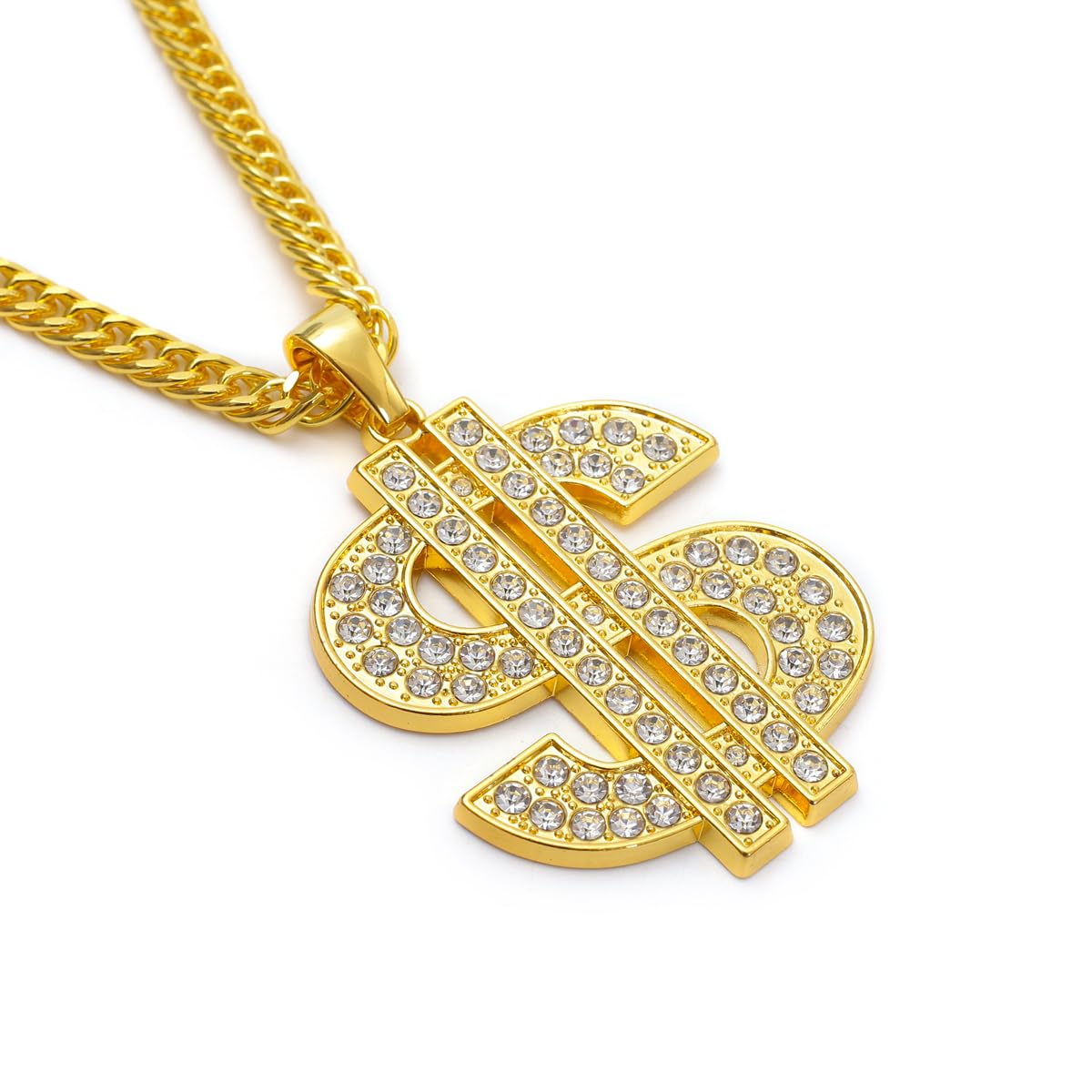 HUITIAN INTL Gold Chain with Dollar Sign Big Money Necklaces for Men Women Stainless Steel Rhinestone Jewelry Fashion Pendants with 28 Inches Cuban Chain (Gold)Spinner Dollar Sign Necklaces 36 Inches