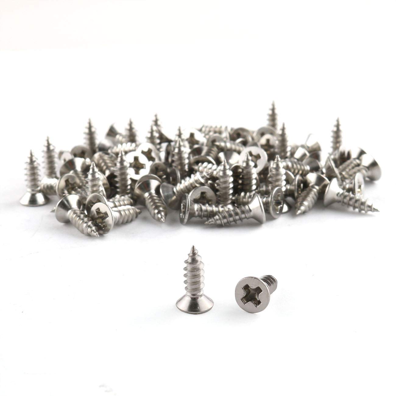 E-outstanding 100pcs #4 x 3/8" Phillips Wood Screw Stainless Steel 304 Flat Countersunk Head Self Tapping Screw, Silver Tone