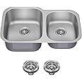 KRAUS Premier 32-inch Undermount 60/40 Double Bowl with Low Divider 18-Gauge Stainless Steel Kitchen Sink with Strainers (x2), KBU24