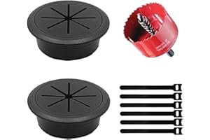 ZLTASYRY 2 Pack Desk Grommet 2 Inch (50 mm), Desk Hole Cover for Cables, Black Desk Cord Hole Cover for Office Home Table, Cable Grommet with 1 Hole Saw Drill Attachment & 6 Cable Ties