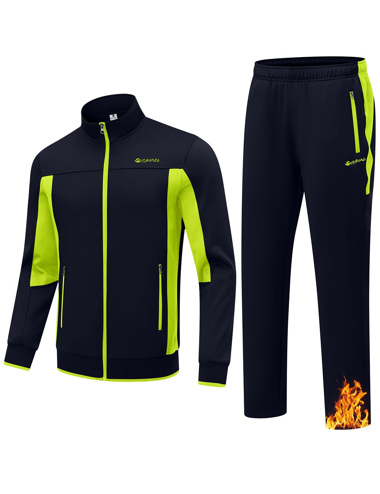 Photo 1 of TBMPOY Men's Fleece Lined Tracksuits Sweatsuits 2 Piece Sets Winter Jogging Track Sweat Suits Thermal Casual Outfits Navy/Fluorescent Green XL