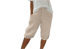 Wirziis Linen Capri Pants for Women Drawstring Elastic Waisted Pants Summer Casual Palazzo Trousers Cropped Pants with Pocket