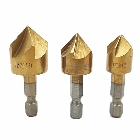 Generic 3pc 12mm 16mm 19mm 5 Flute Chamfer Countersink 1/4" Hex Shank HSS 90 Degree Wood Chamfering Cutter Chamfer Countersink Drill Bit