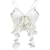 SOLY HUX Women's Lace Going Out Crop Tops Tie Front Asymmetrical Ruffle Trim Camisole Coquette Shirts