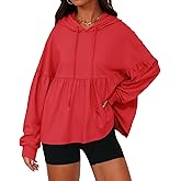 Fisoew Womens Oversized Hoodies Sweatshirts Casual Lantern Long Sleeve Drawstring Peplum Hem Loose Hooded Pullover Tops Red