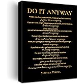 Inspirational Gold Foil Canvas Wall Art Positive Do It Anyway Mother Teresa Quote Print Framed Canvas Painting Artwork Home Decor Gifts 12x15 Inch
