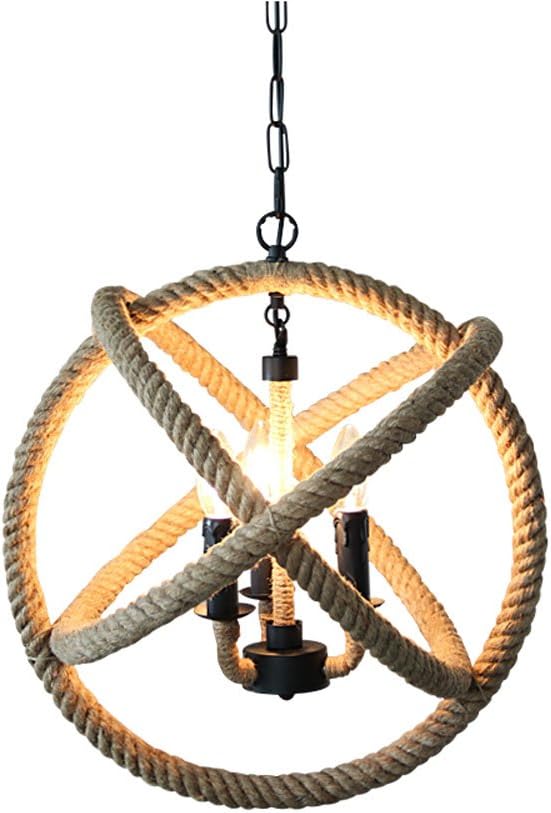 Hines 35cm Loft Retro Industry Spherical Restaurant Chandelier Vintage Pure Hand-Woven Hemp Rope Pendant Lamp E14 Socket Black Creative Bar Ceiling Light