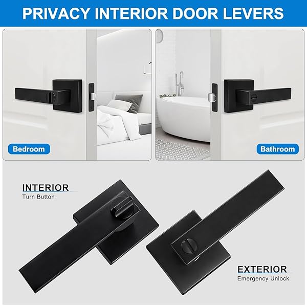 HASMIKIT 10 PACK MATTE BLACK DOOR HANDLES PRIVACY DOOR LEVERS, HEAVY DUTY BED AND BATH DOOR LOCKS INTERIOR DOOR KNOBS, REVERSIBLE KEYLESS FLAT LEVERS WITH SQUARE ROSETTE