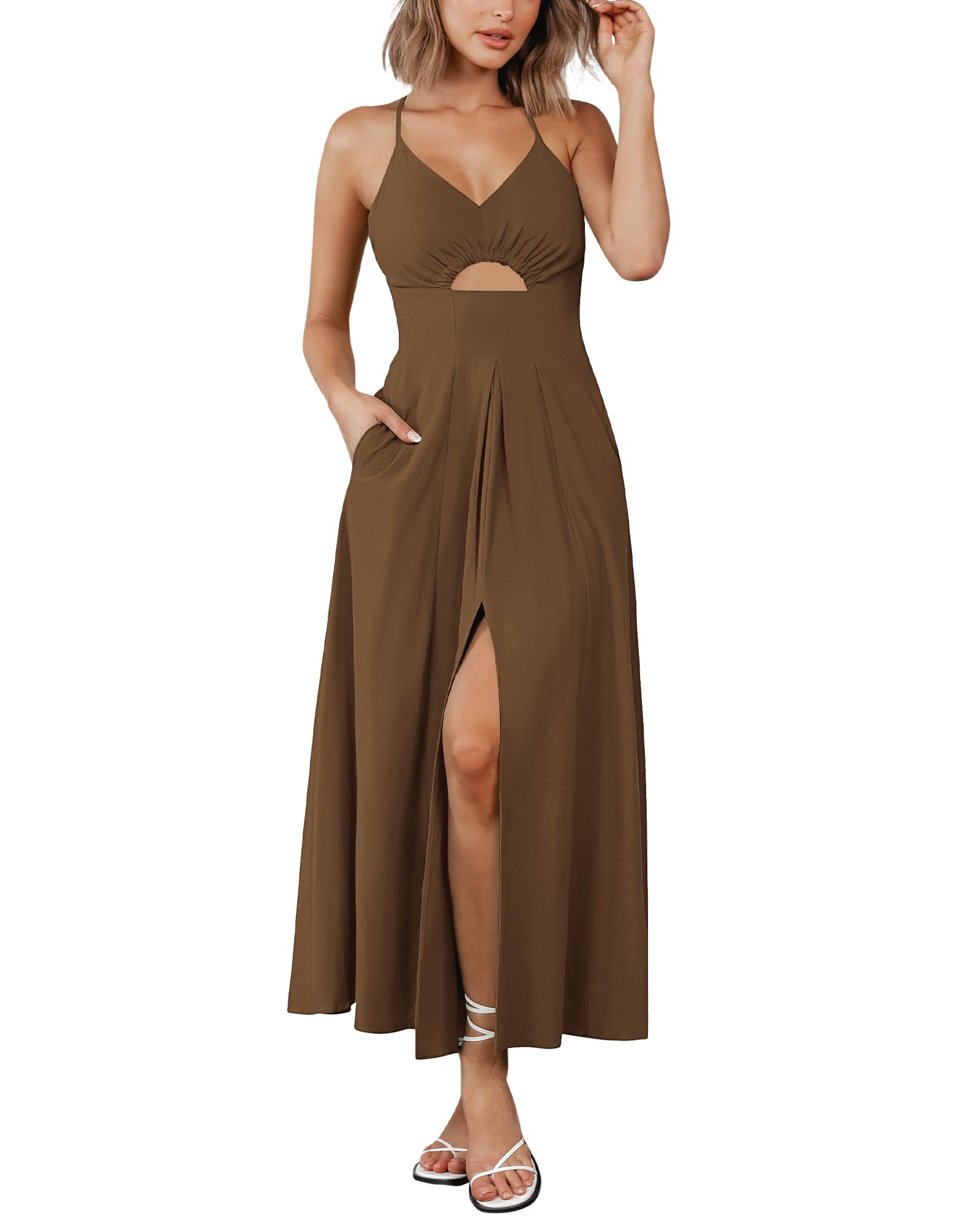 Photo 1 of *Minor Damage*
BTFBM Women 2025 Summer Spaghetti Strap Midi Dress Sleeveless V Neck Cutout Slit Casual Beach Party Maxi Dresses Pockets(Brown, Small)