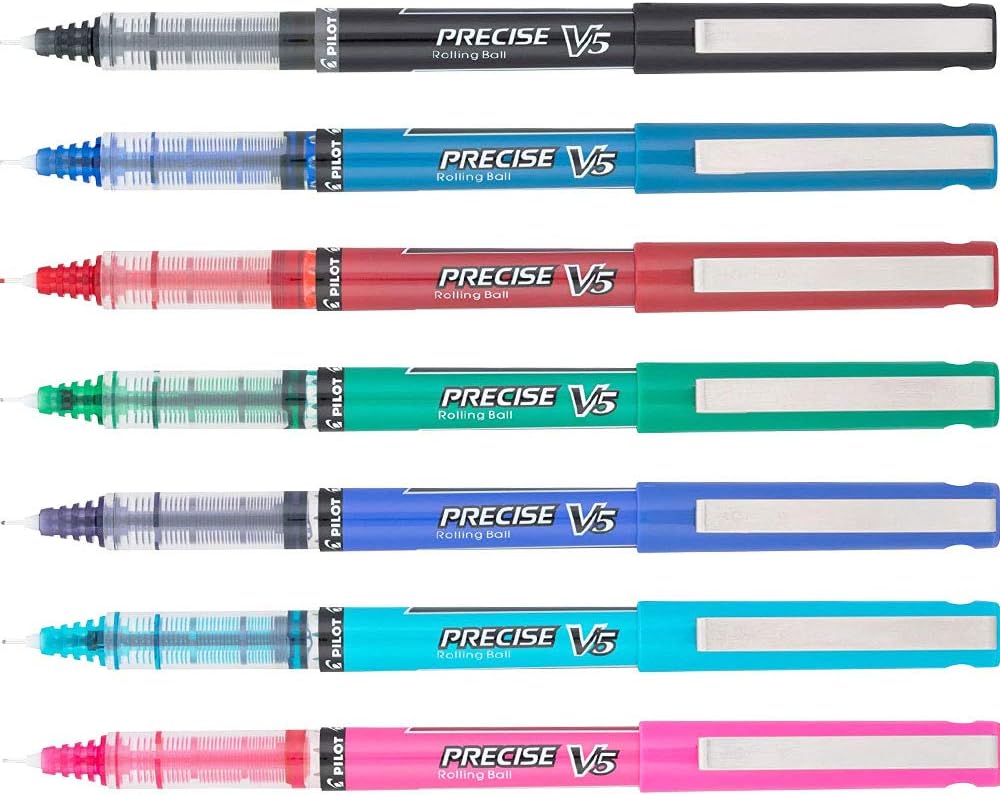PILOT Precise V5 Stick Liquid Ink Rolling Ball Stick Pens, Extra Fine Point (0.5mm) Assorted Ink Colors, 7-Pack Pouch (26015) : Liquid Ink Rollerball Pens : Office Products