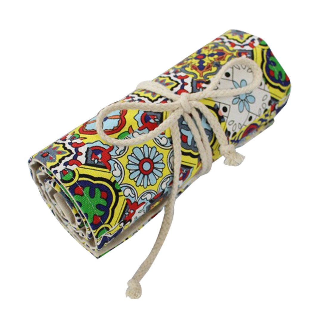 SIPLIV Canvas Roll-up Pencil Wrap, Travel Drawing Coloring Pencils Pouch for Artist, Mediterranean Impression Style 36 Holes(Pencils are Not Included)
