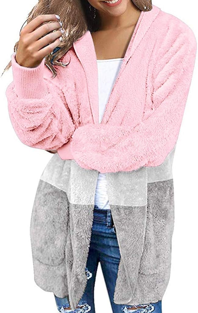 GREFER-Women Warm Winter Fleece Fuzzy Faux Shaggy Overcoat Lightweight Open Front Hooded Cardigans