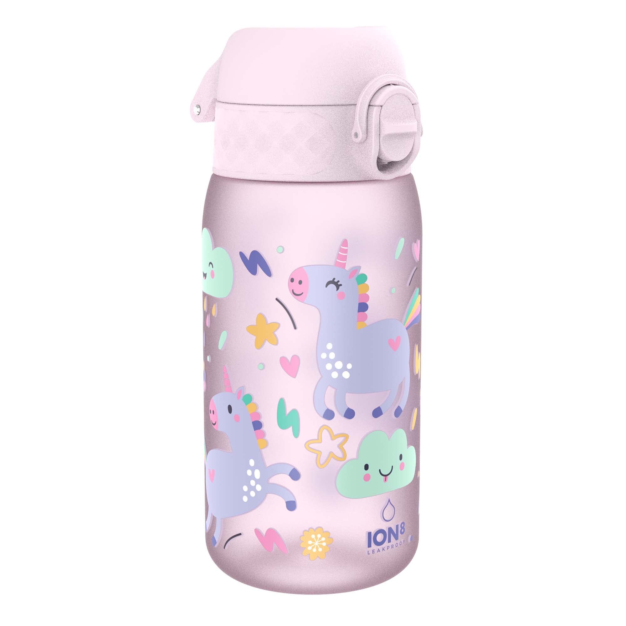 Ion8 Kids Water Bottles, BPA Free, Leakproof, Dishwasher Safe, Easy Open, Secure Lock, Small Boys & Girls Water Bottle,Kids Drinks Bottle for Spill-free Drinking, Pink, Unicorns, 350ml/12oz
