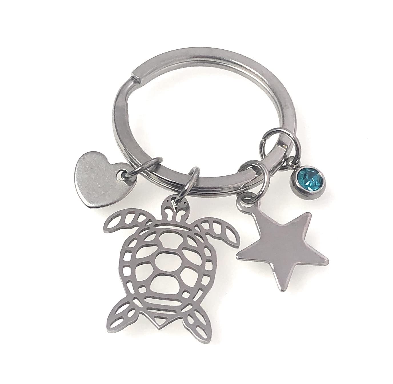 FizzyButton Gifts Turtle Tortoise Keyring Key Ring with Stainless Steel Rhinestone, Heart and Star Charms