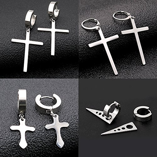 4 Pairs Stainless Steel Small Hoop huggie Earrings Cross Triangle Awl Taper Rivets (4 Pairs Silver-tone)