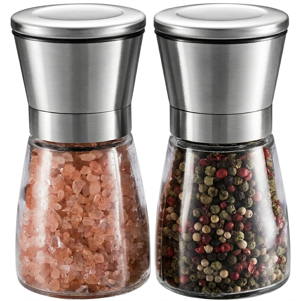WINSHEA Salt and Pepper Grinder Set – Premium Stainless Steel Salt & Pepper Mill with Glass Body and Adjustable Coarseness, Brushed Stainless Steel Salt and Pepper Shakers