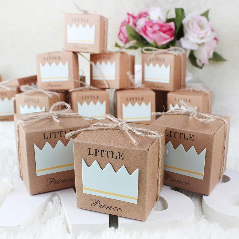 Aisaving 50pcs Baby Shower Favor Boxes Kraft Paper Candy Box Gift Packing Box Little Prince Blue Crown Kraft Boxes Girl Boy Birthday Favors Decor for Wedding Birthday Party Baby Shower Favors - Image 3