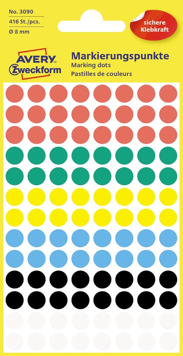 Avery Zweckform 3090 Coding Dots, Assorted Colours – 8 mm Diameter – 4 Sheets with 416 Pieces Ø 8 mm Colour Combinations