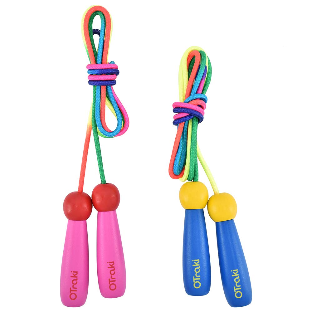 OTraki 2 Pack Skipping Rope Kids 7Ft/2.5M, Jump Rope Adjustable with Wooden Handle Jumping Ropes for Girls or Boys Children Skip Ropes 5+ Years for Exercise Fitness