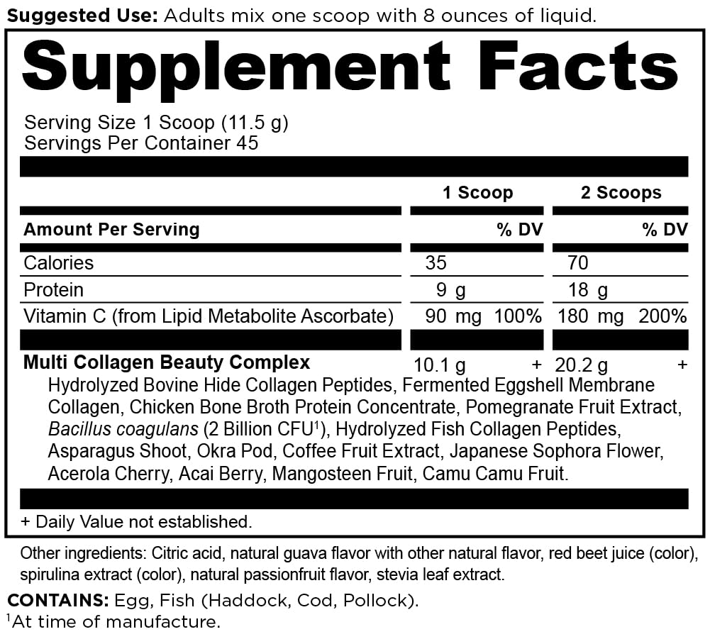 Ancient Nutrition Collagen Powder Protein, Multi Collagen Protein Beauty Within, Guava Passionfruit, with Vitamin C, Hydrolyzed Collagen Peptides Supports Healthy Skin and Nails, 18.3oz