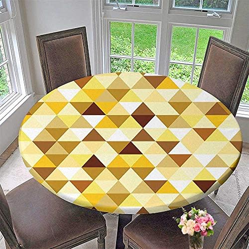 Mikihome Elasticized Table Cover Collection Gold Triangle Pattern Happy Brightening Autumn Color Luxury Trendy Ethnic Style Yellow Machine Washable 55"-59" Round (Elastic Edge)