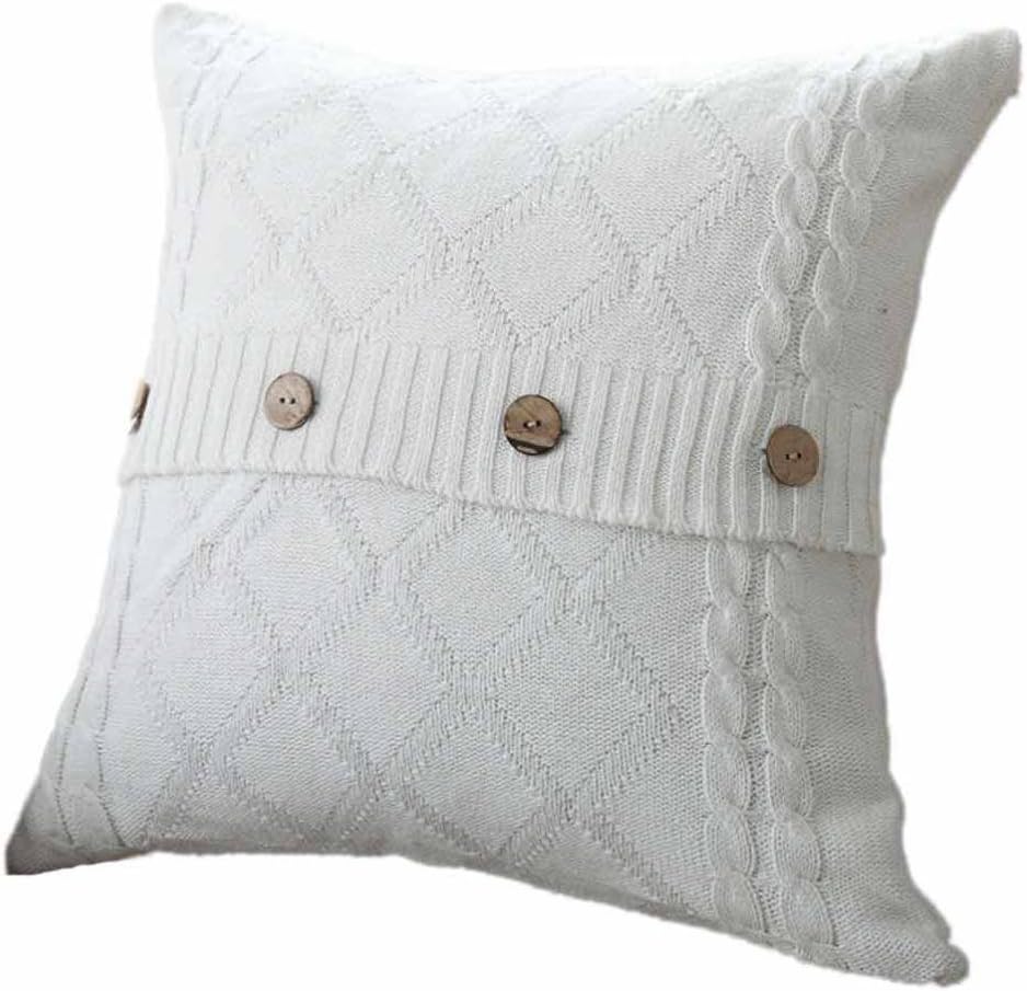 Joofun Double-Cable Knit Button Throw Pillow Cover Warm Square Pillow Case 18 X 18 (White)