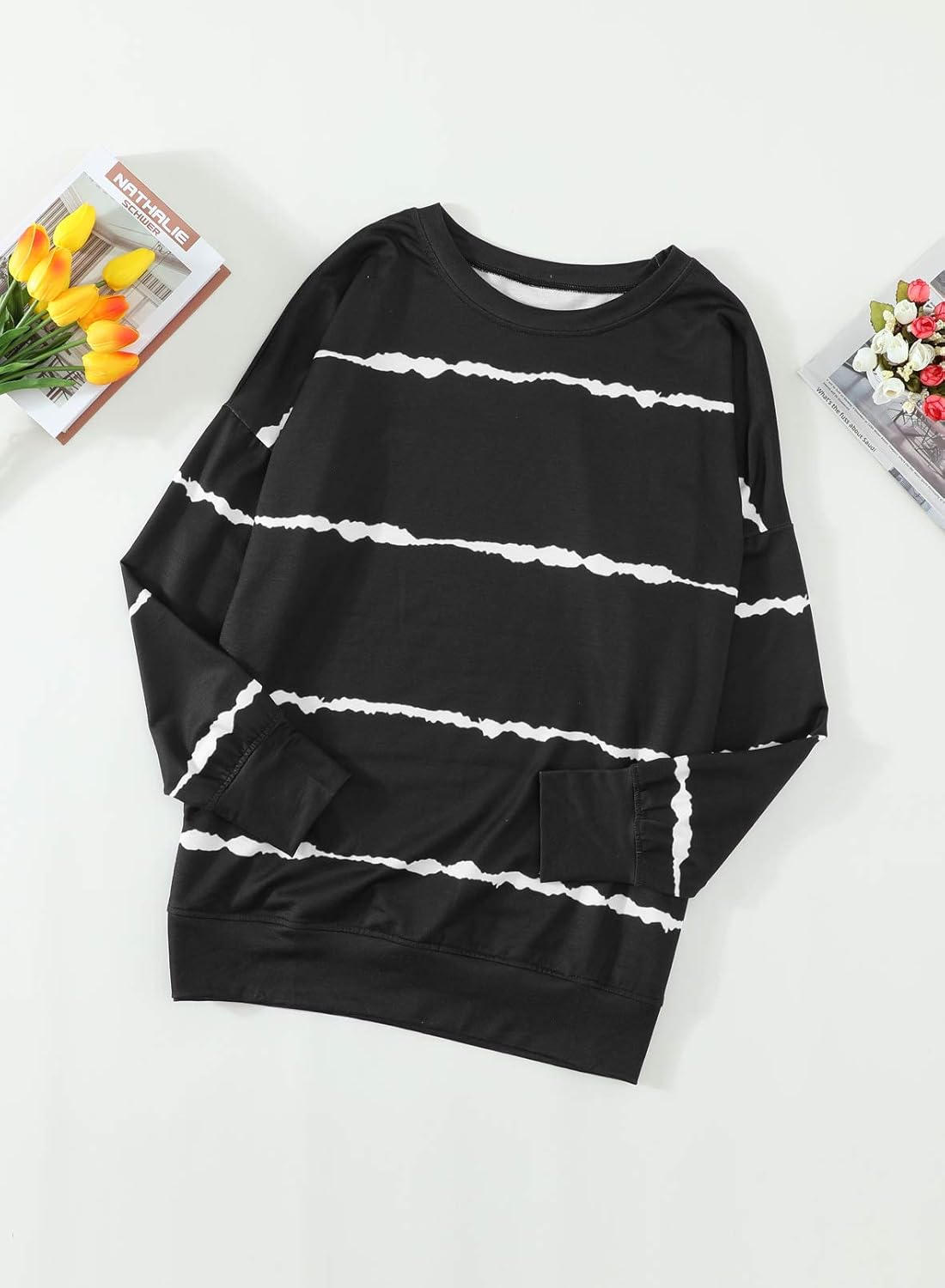 Biucly Womens Casual Crewneck Tie Dye Sweatshirt Striped Printed Loose Soft Long Sleeve Pullover Tops Shirts: Clothing
