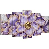 Kalormore 5 Pieces Vintage Purple Gold Flowers Painting Giclee Canvas Prints Floral Picture Artwork Gallery Wrapped Artwork for Modern Living Room Bedroom Ready to Hang