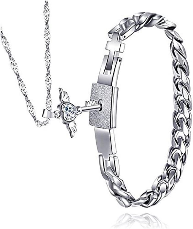 Meidiya Stainless Steel Matching Gifts For Couple Womens Angel's Heart Key Necklace And Mens Lock Bracelet Set