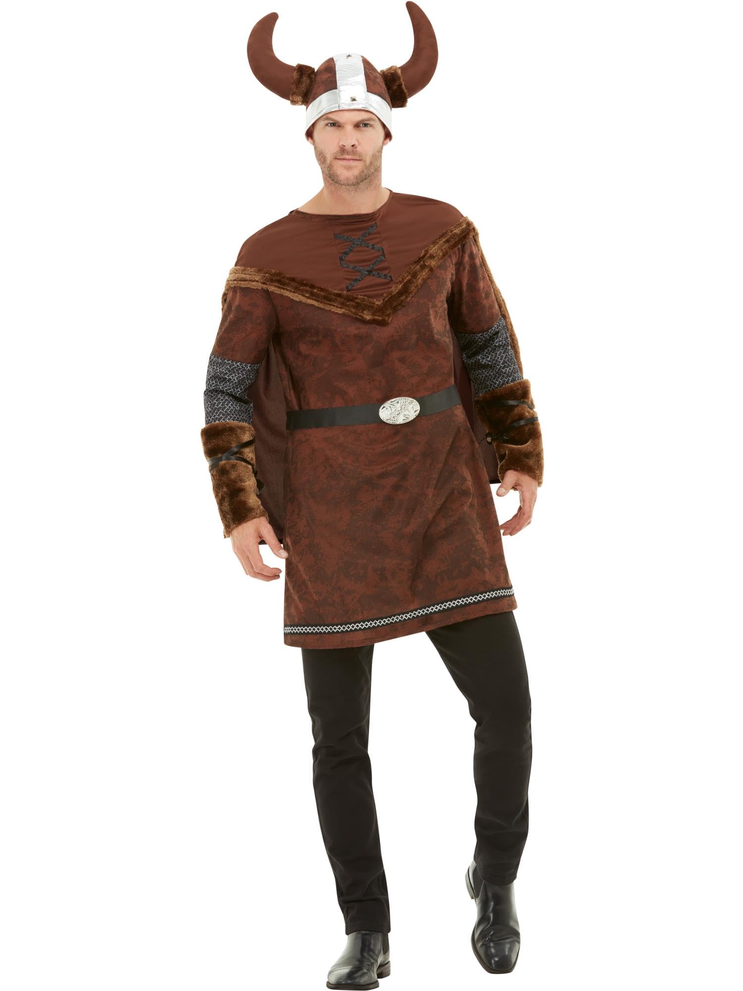 Smiffys Deluxe Viking Barbarian Costume, Brown with Tunic, Cape & Helmet, Historical Fancy Dress, Viking Dress Up Costumes