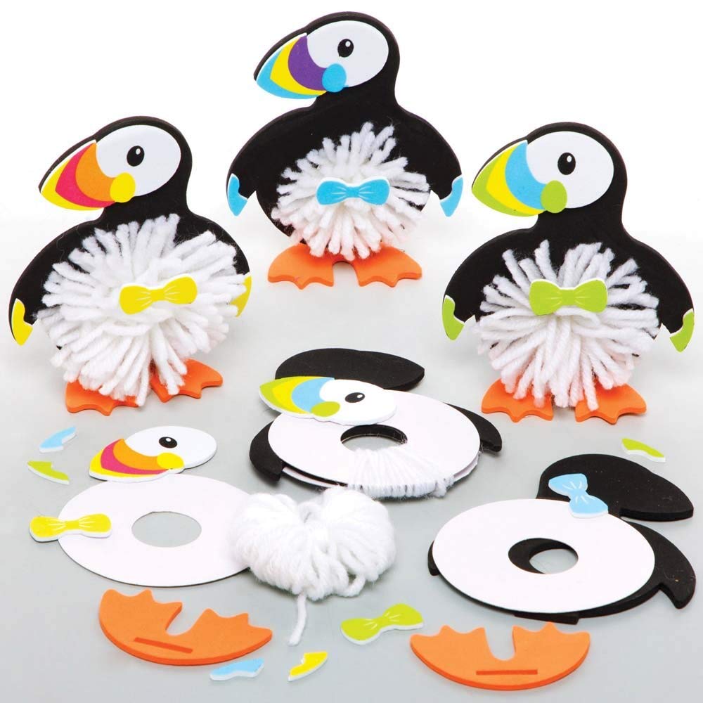 Baker Ross FE201 Puffin Craft Pom Pom Kits - Pack of 3, Childrens Art Make Your Own Fluffy Pom Friend