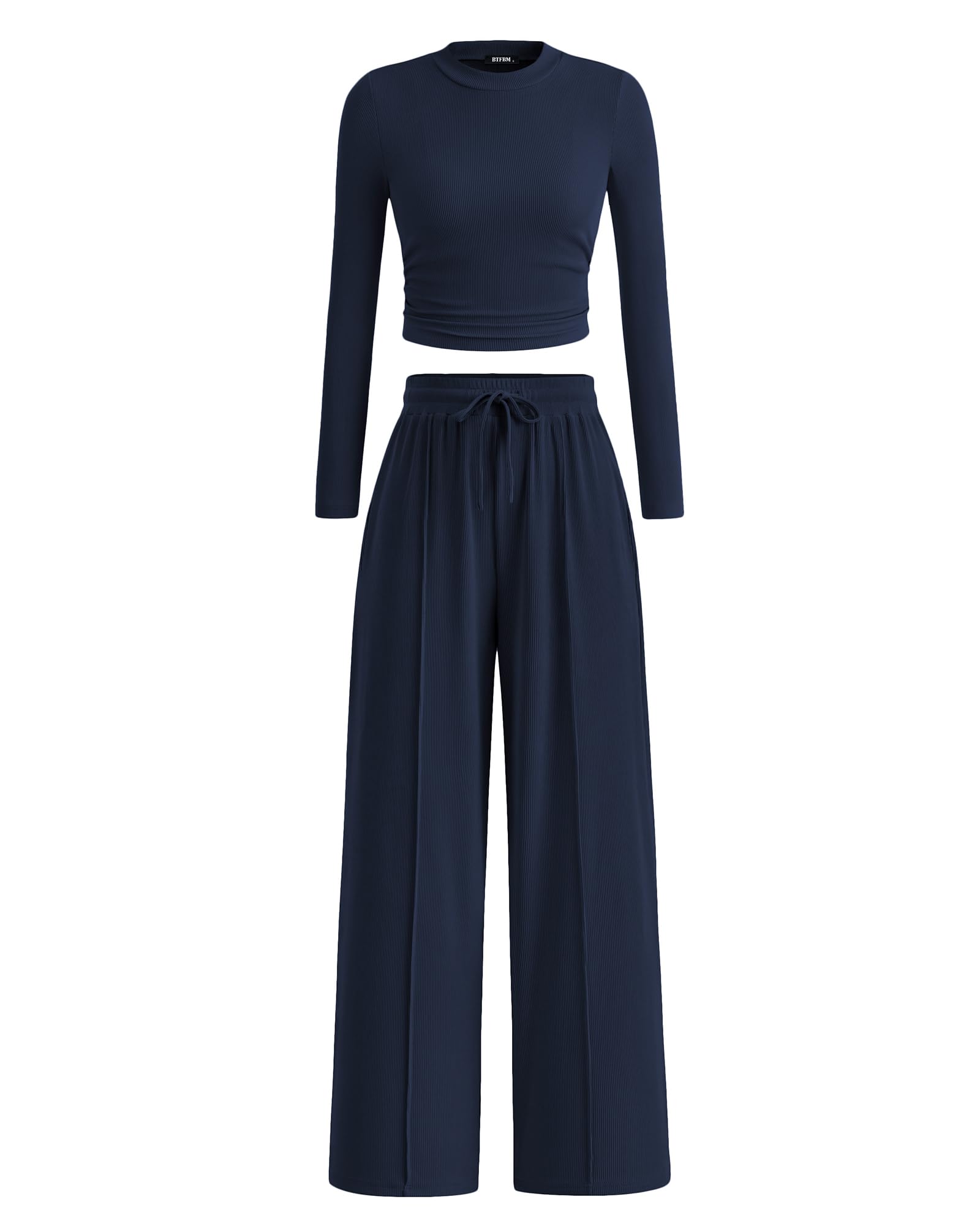 Photo 1 of BTFBM Casual 2 Piece Sets For Women Fall Outfits 2025 Ribbed Long Sleeve Crop Top Wide Leg Pants Matching Lounge Set(Navy, Medium)