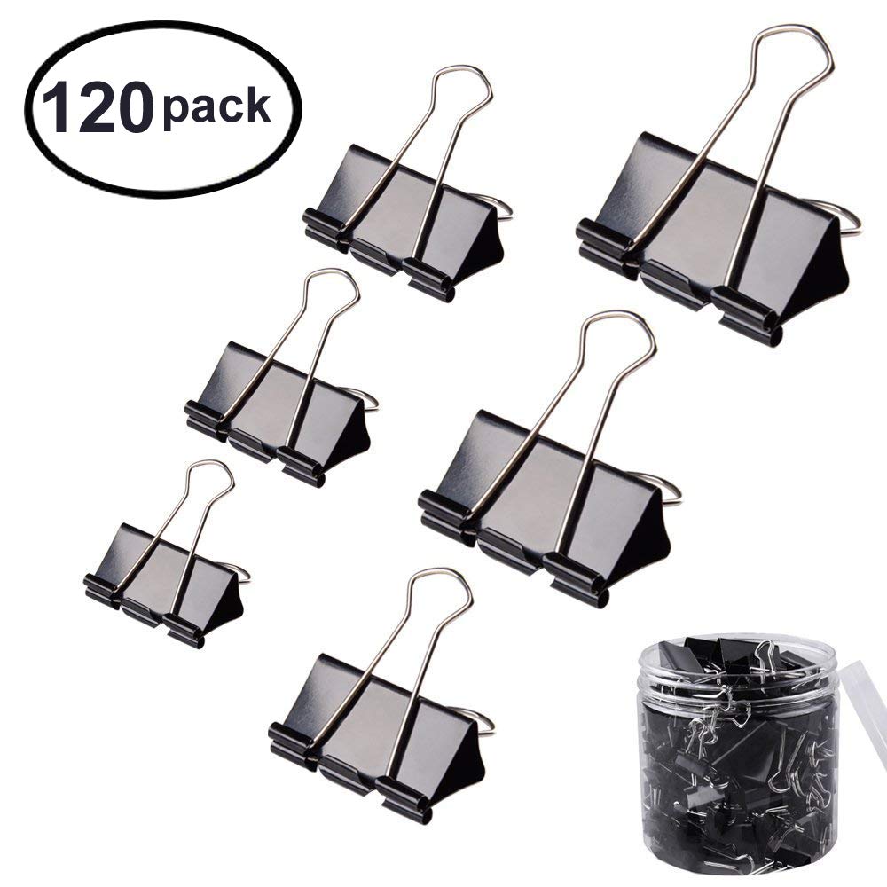 FICBOX 120 Pcs Black Binder Clips Paper Clamp - 6 Sizes