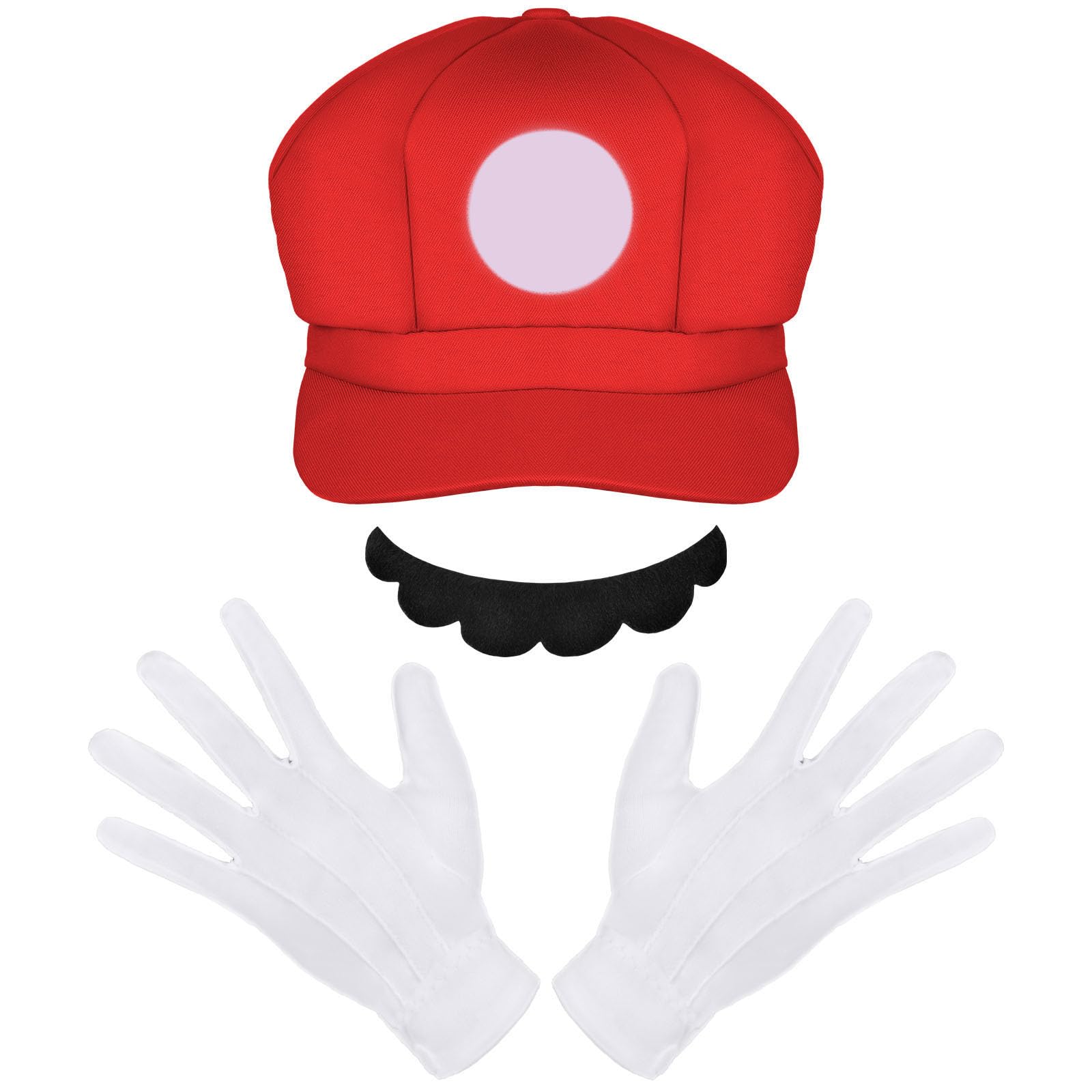 Aomig 3 Pcs Mario Cosplay Costume Accessories Kits, Mario Baseball Cap Mario Gloves and Mario Beard, Mario costume cap for adults, Mario Snapback Cap for Mardi Gras, Carnival & Cosplay(Red) — image 1
