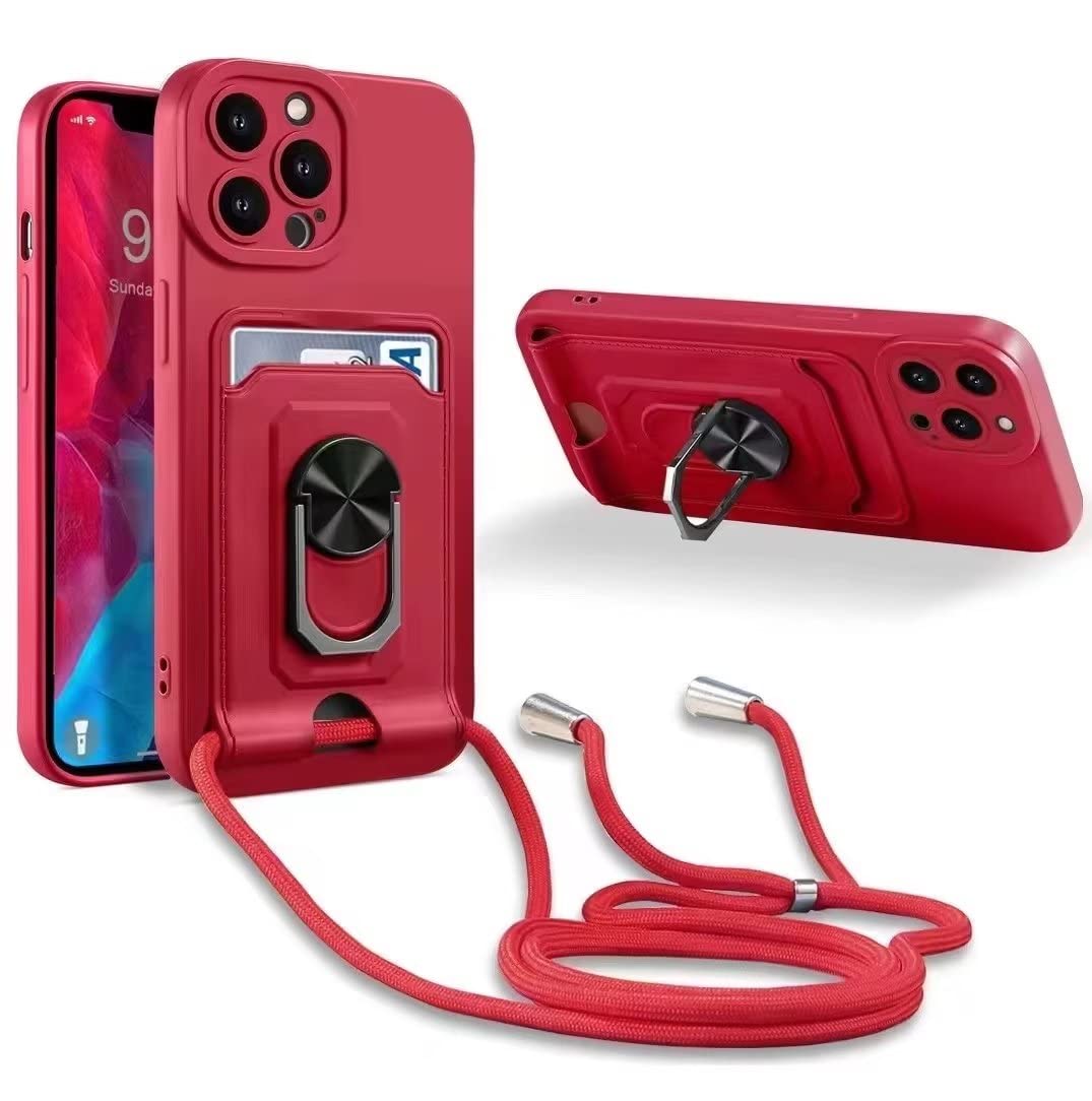 SLWYF Crossbody Case for iPhone 14 Cover, Silicone Card Holder Phone Cover with Adjustable Necklace Strap Cord Lanyard Shockproof Protective Case (Red)