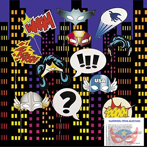 Superhero Party Decorations - Super Hero Photo Booth Props (12 pieces), City backdrop decoration for wall and Superhero Trivia Questions by PartiFun
