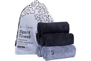 B Life Kit 5 Toallas de Microfibra Deportivas | Súper Absorbentes y de Secado Rápido | Color Negro/Gris | Fácil de Transportar | para Gym y Natación.