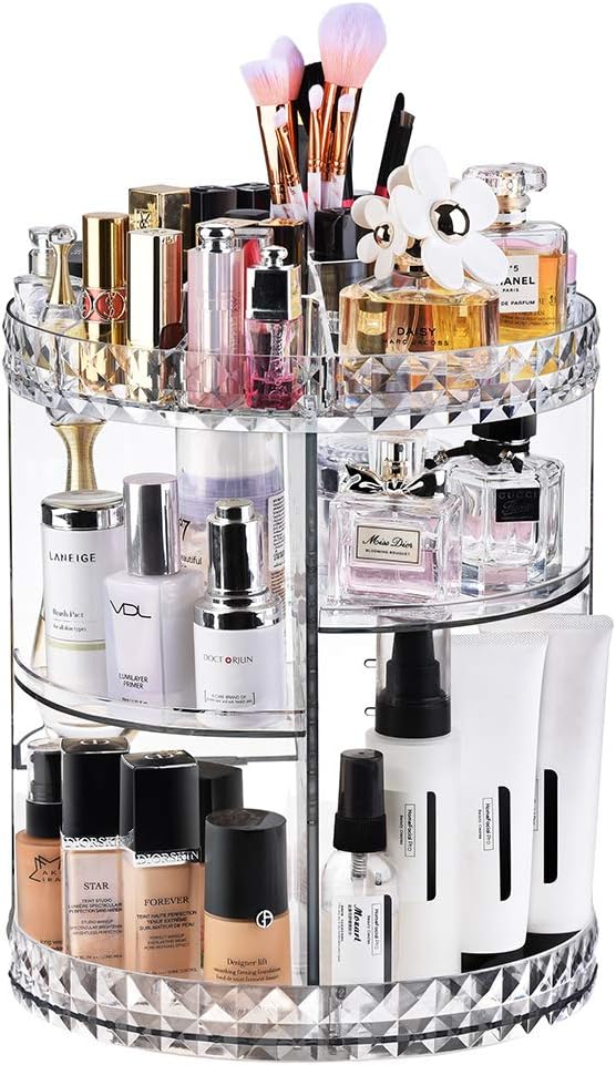 Exblue Makeup Organiser,360 Degree Rotating Cosmetic Display Stand, Adjustable Makeup Storage, Transparent Makeup Organiser Storage, Crystal Clear