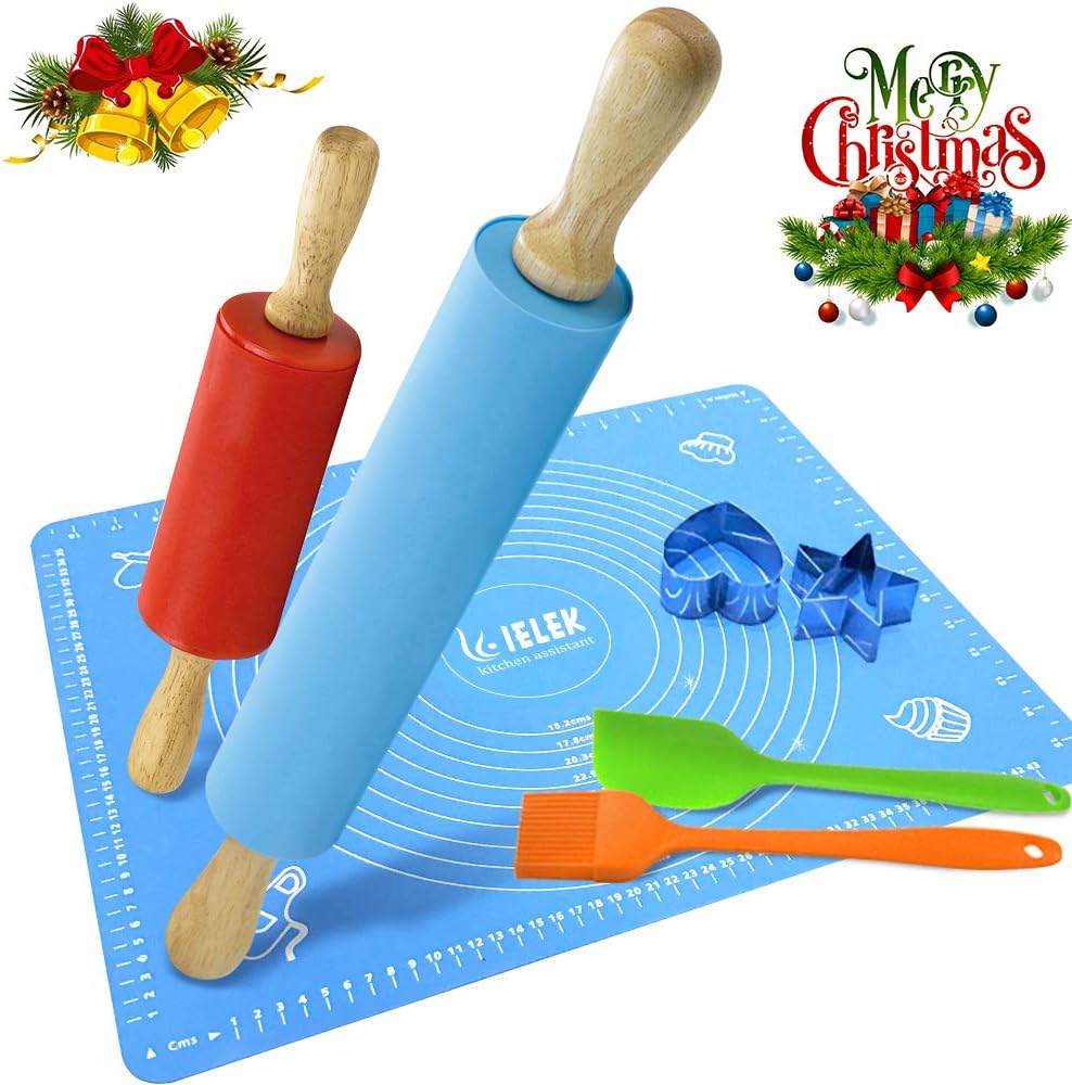 Ielek Official Rolling Pin and Pastry Mat Silicone Spatula Basting Pastry Brushes Set:Combo Kit of Large and Small Non-Stick Silicone Dough Rollers and 2 Stainless Steel Cookie Cutters for Baking