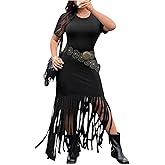 BEAUDRM Women's Plus Size Boho Tassel Tank Dress Western Cowgirl Fringe Scoop Neck Sleeveless Vacation Dresses