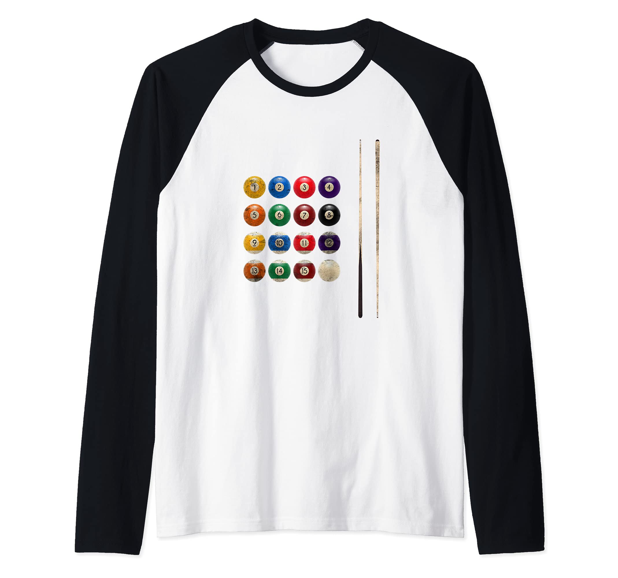 Billiard Balls Pool Player Cue Rack Distressed Design Sports Raglan Baseball Tee