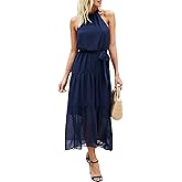 PRETTYGARDEN Women’s Halter Neck Floral Long Maxi Dress Casual Sleeveless Backless Dresses Loose Ruffle Sundress with Belt