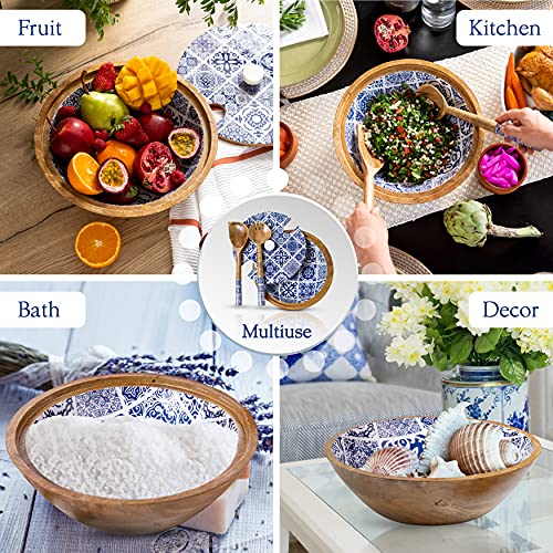 Decorative Wooden Salad Bowl Set with Lid and Servers in Moroccan Blue
