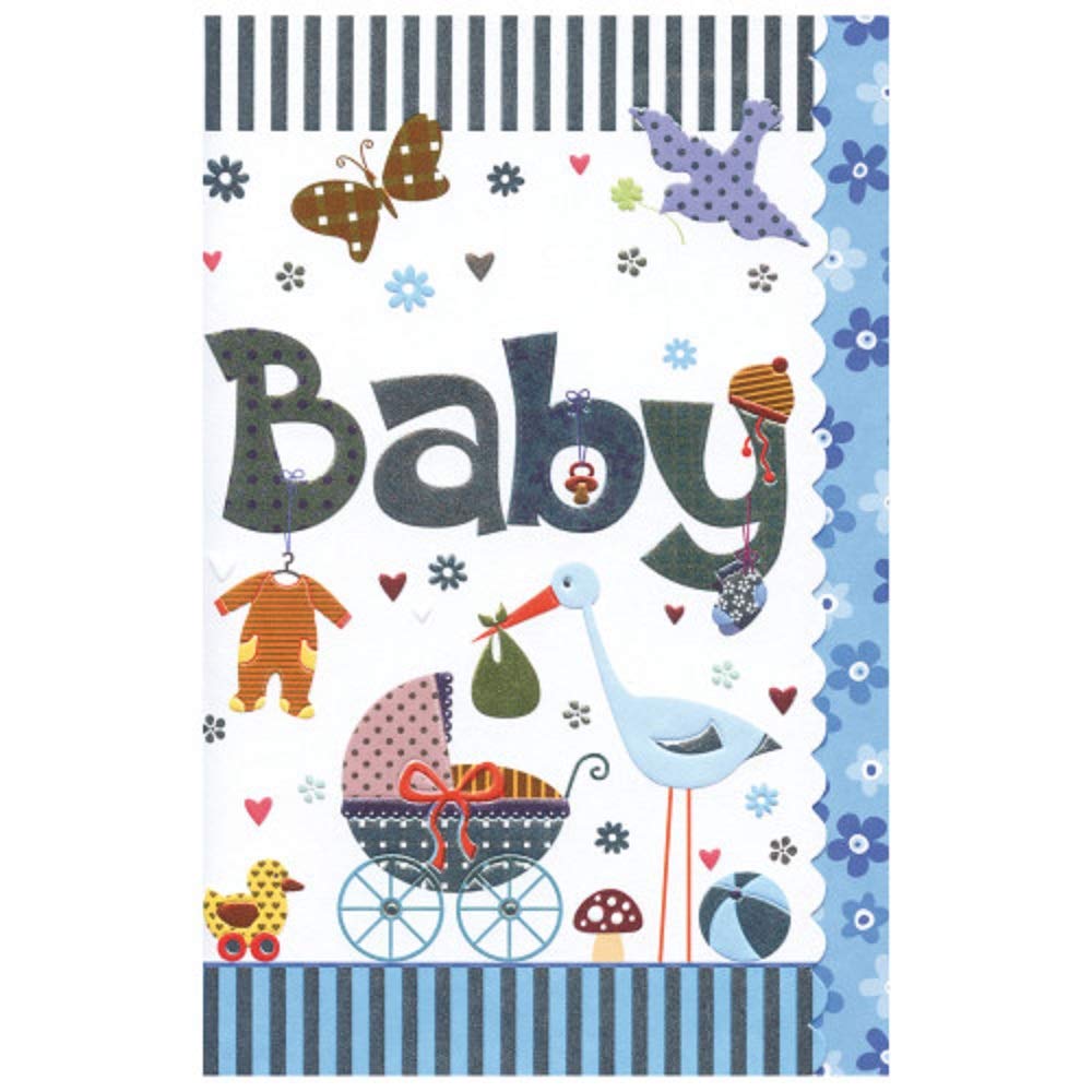 Susy Card 40009858 Greeting Card for Birth/Boy "Pram Stork" 17 x 11 x 0.1 cm