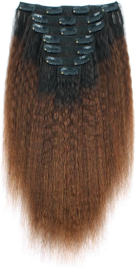 AmazingBeauty 8A Double Weft Texlaxed Kinkys Straight Ombre Clip Extensions Human Hair for Black Women, Natural Black Fading into Chocolate Brown, 7 Pieces, 120 Grams, KS TN-4, 16 Inch