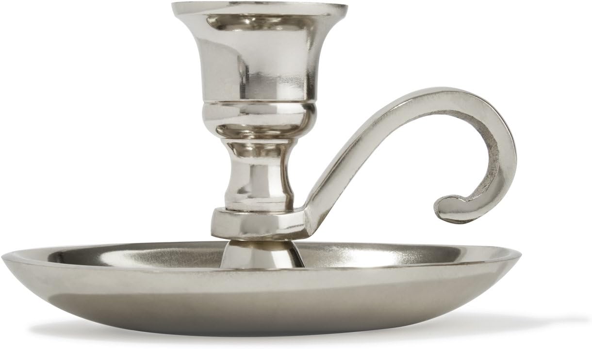 Silver Candle Stick Holder - Colonial Chamberstick Shape with Handle, Nickel Plated Metal, Fits Standard Tapered Candlestick, for Old Fashioned Home Decor, Window and Mantle Display: Kitchen & Dining