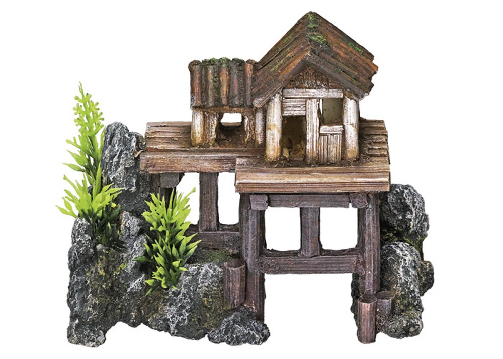 Nobby Wooden House with Plants Aquarium Ornaments, 15.5 x 8 x 12 cm